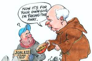 a religious 'parasite' taking away a jobless person's alms