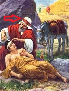 the Good Samaritan of Bible parable helping the wounded man