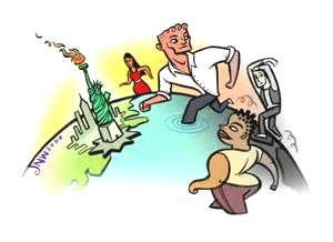 a cartoon showing asylum seekers to the USA