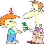 a reporter (R) paying his young source for some information